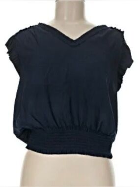 Satiny dark navy V-Neck Short Sleeve Top synched waist.